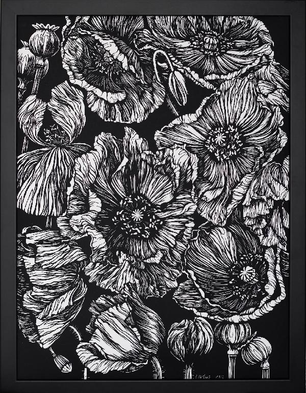 Poppies Black and White Floral Illustration. Graphic Arts. Botanical Art. Floral. Paper Cutting Art. Plants