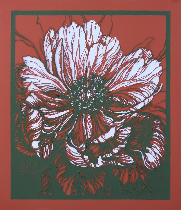 Peony Original Hand Cut Artwork. Paper Cutting Art. Colleague. Floral Monochrome Illustration. Botanical Art. Graphic arts. Paper Art. Green and Terracotta 