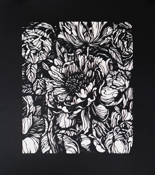 Peonies Black and White Original Hand Cut Artwork. Paper cutting art. Floral Monochrome Illustration. Botanical Art. Graphic arts. Paper Art. Plants