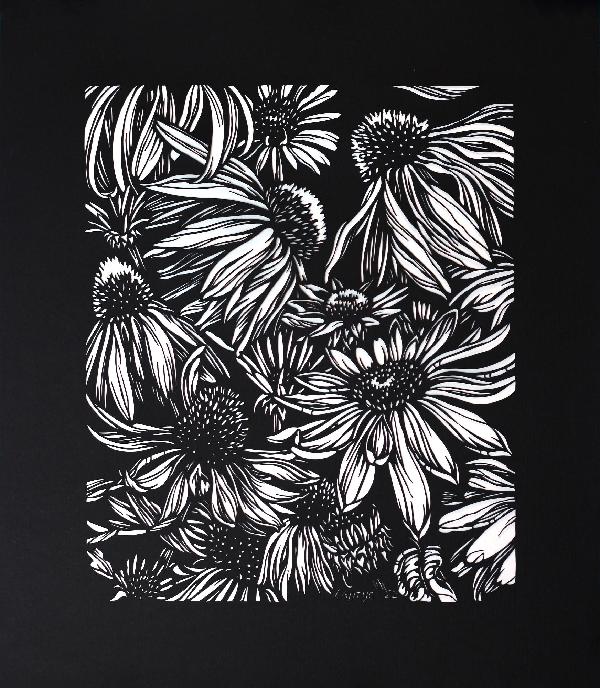 Echinacea Black and White Original Hand Cut Artwork. Paper cutting art. Floral Monochrome Illustration. Botanical Art. Graphic arts. Paper Art.