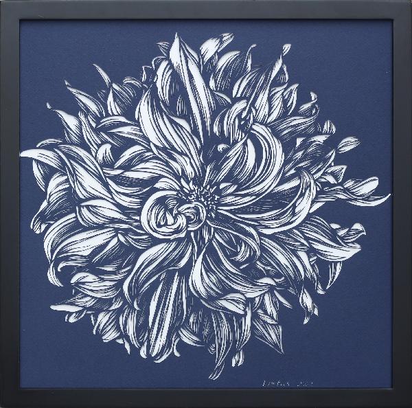 Blue Dahlia Illustration. Original Hand Cut Artwork. Floral Art. Graphic Arts. Botanical Art. Paper Cutting Art. Navy Colour. Paper Art. 