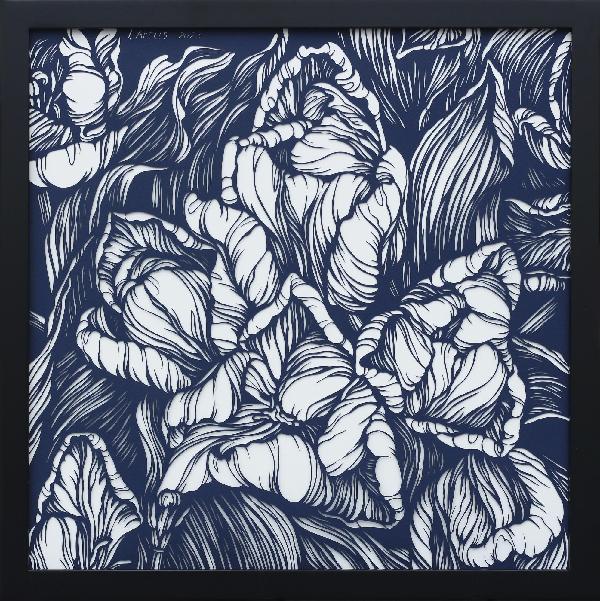 Tulips  Floral Illustration. Graphic Arts. Paper Cutting Art.  Botanical Art. Floral. Flower Drawing. Navy Colour. Paper Art.  