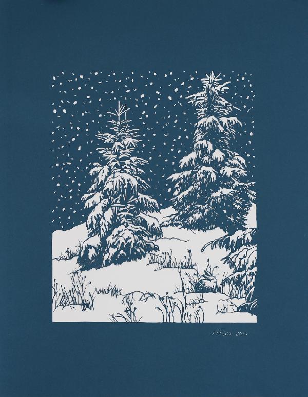 Winter Forest. Landscape. Original Hand Cut Artwork. Winter Illustration. Pine tree. Snow. Blue and White. Paper Cutting Art.