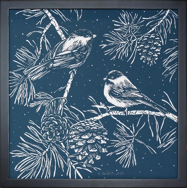 Chickadee Birds Illustration. Original Hand Cut Artwork. Pine cone. Winter Picture. Paper Cutting Art. Graphic Arts. Blue Picture.