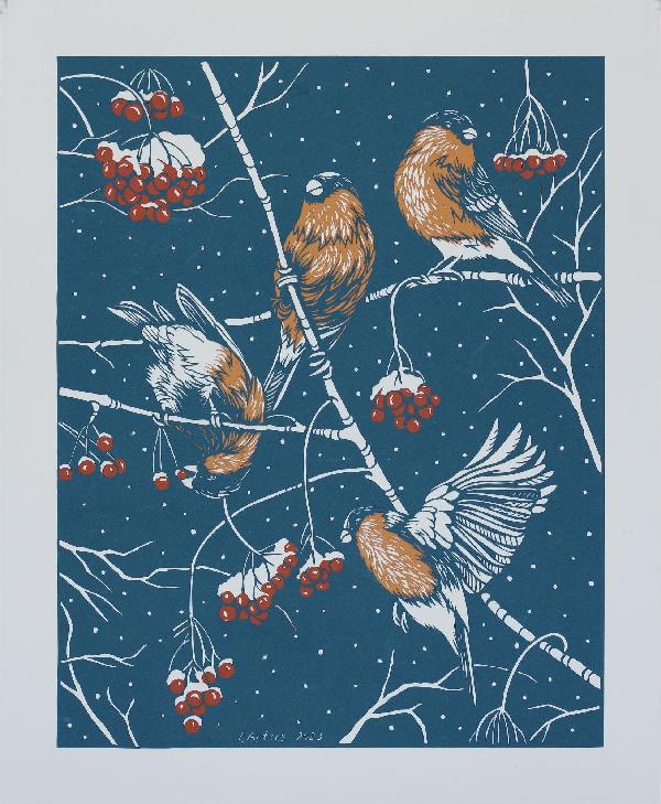 Birds Illustration. Original Han Cut Artwork. Paper cutting. Winter picture. Chickadee Drawing. Guelder Rose. Blue and Yellow 