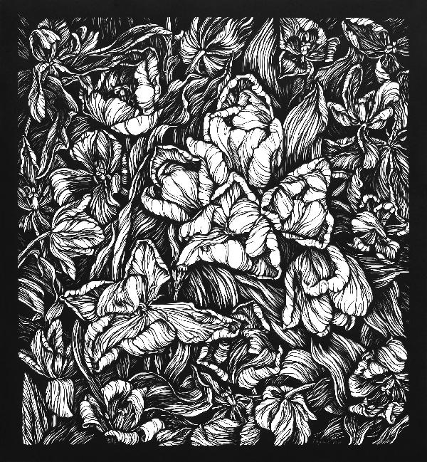 Tulips Black and White Floral Illustration. Graphic Arts. Botanical Art. Paper Cutting Art. Monochrome Blossoms. Paper Art. Plants