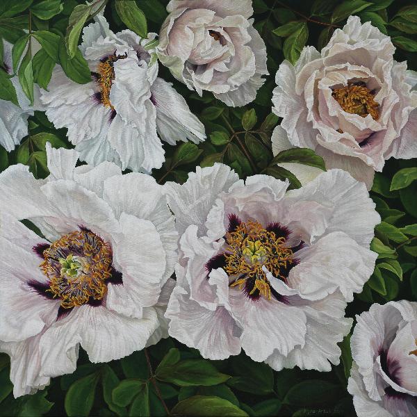 White Peonies Oil Painting on Canvas. Flowers. Blossom. Peony Bloom