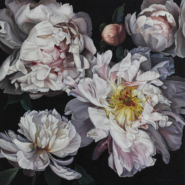 White Peony Oil Painting. Photorealism. Oil Painting on Canvas. Hyperreal  Peony Bloom  